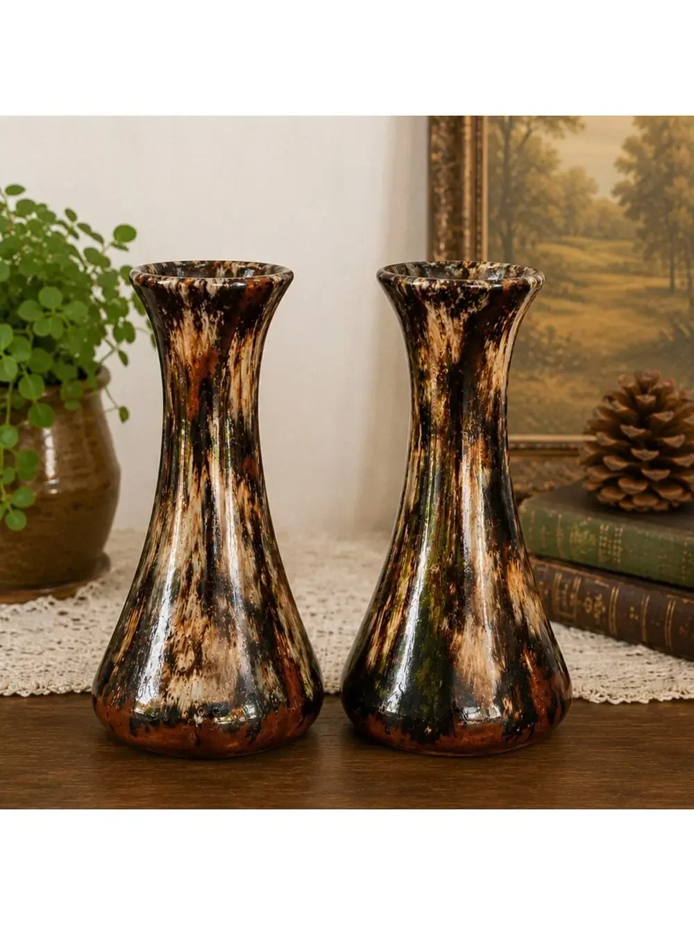 Antique Brush McCoy Onyx Art Pottery Vase Pair #64 Brown Drip Glaze 1930s